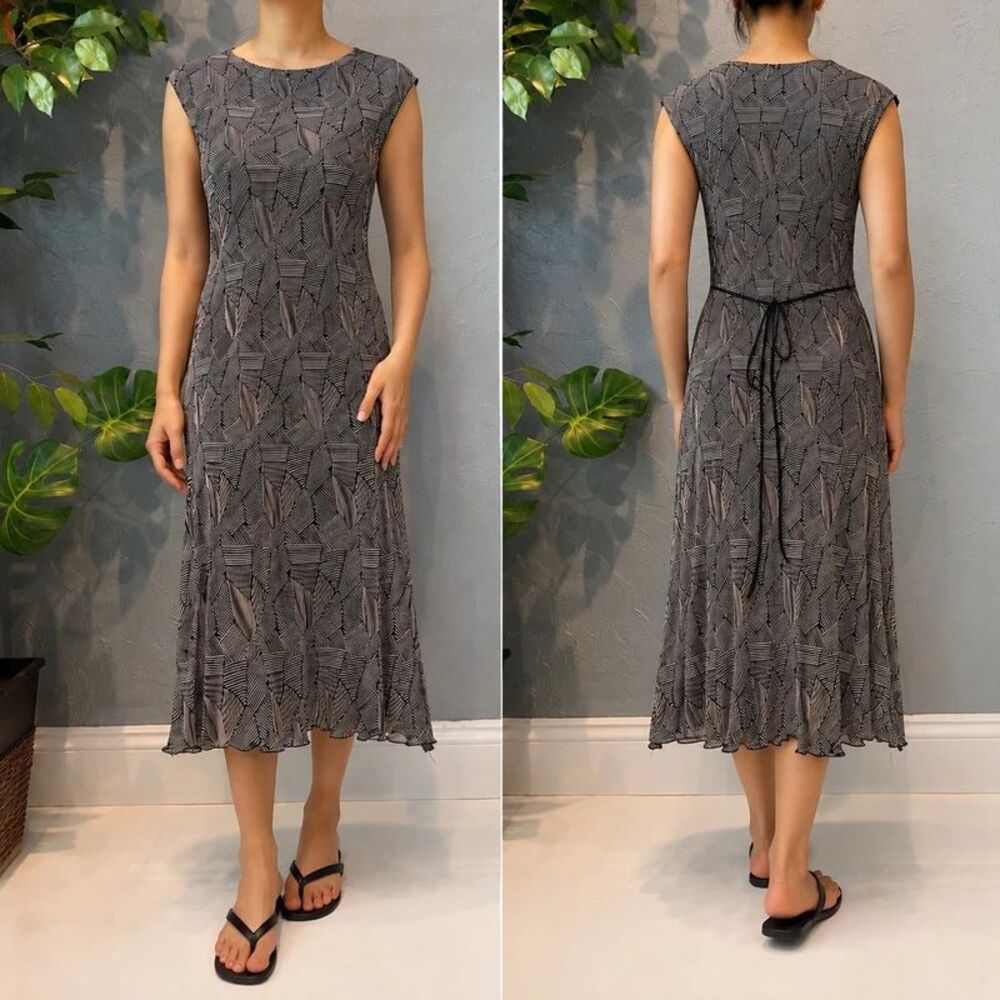 Dressbarn Geometric Y2K Plisse Optical Illusion Trippy Boho Midi Dress S/M